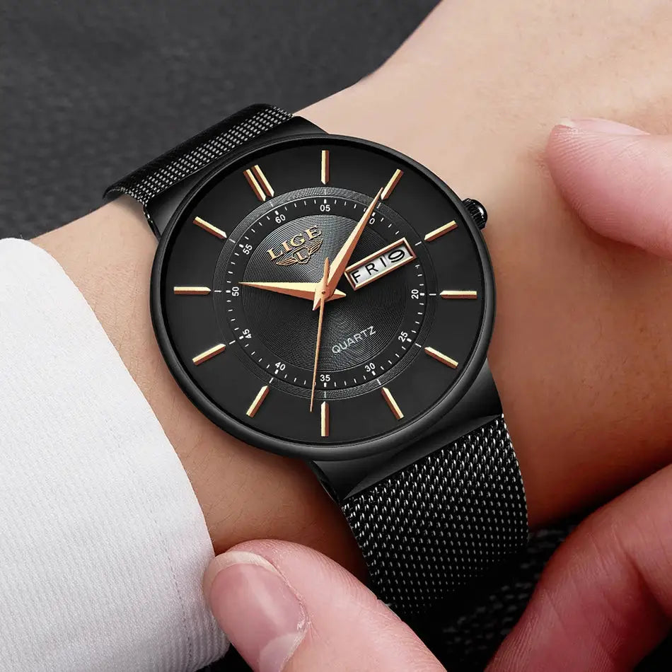 LIGE men's watch with black dial, gold-tone markers and hands, date display, steel mesh strap