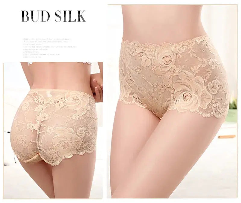 Lace high-waist panties, beige by Bud Silk with floral lace pattern