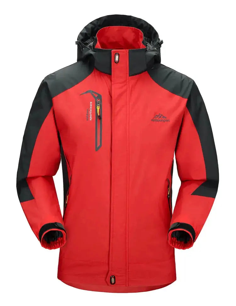 TRVLWEGO men's hiking jacket red with black panels, waterproof windbreaker with hood