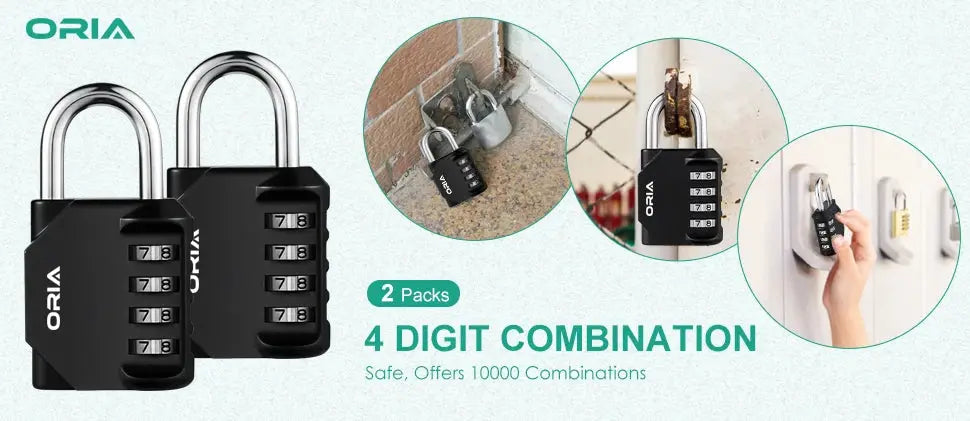 ORIA 4-digit combination padlocks, 2-pack, black with silver shackles