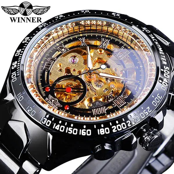 Winner skeleton automatic men's watch with gold-tone movement and black tachymeter bezel