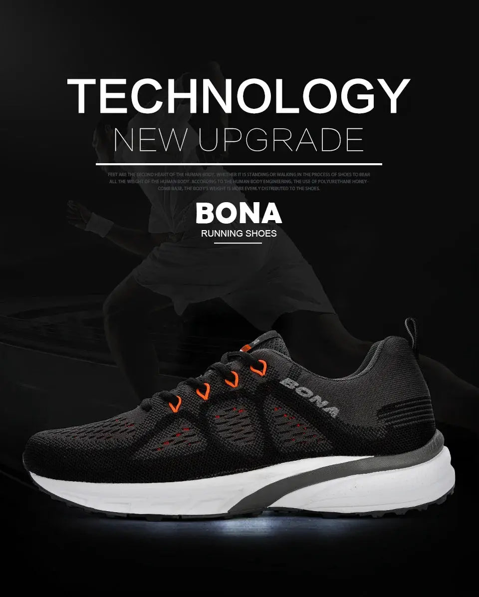 BONA running shoes for men; black mesh upper with orange laces and white midsole
