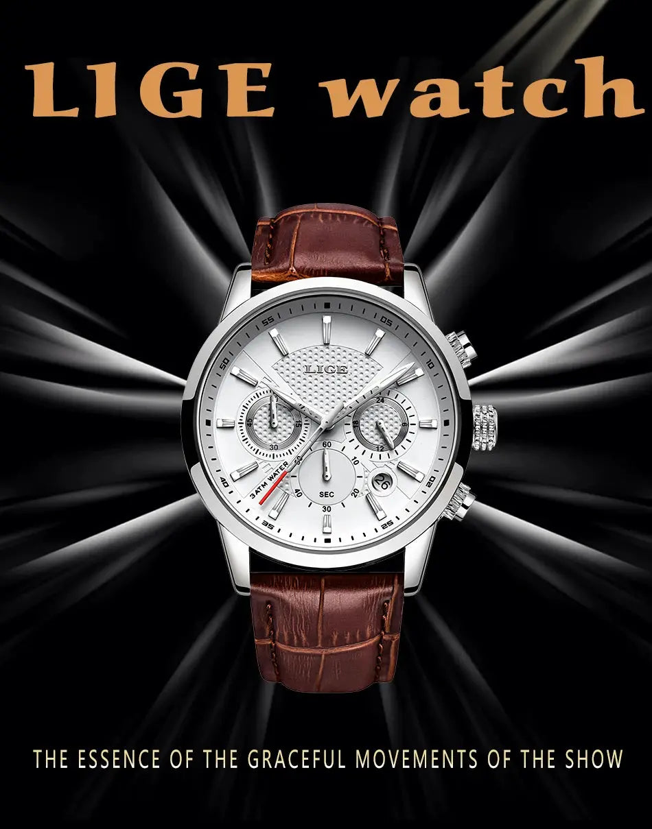 LIGE men's chronograph watch with brown leather strap, silver case, white dial.