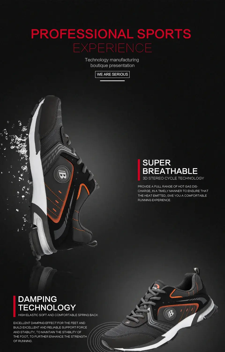 BONA men's running shoes in black with orange accents, breathable lace-up sneakers (2 shown)