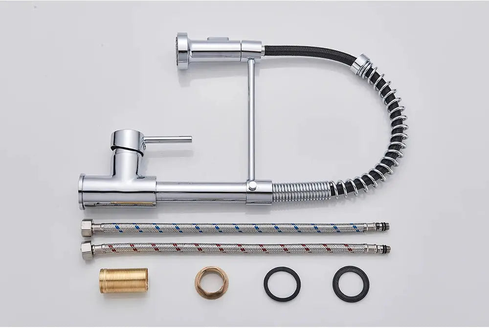 Rozin brushed-nickel deck-mount kitchen faucet with 360° rotating sprayer; includes two braided hoses by Simples Market
