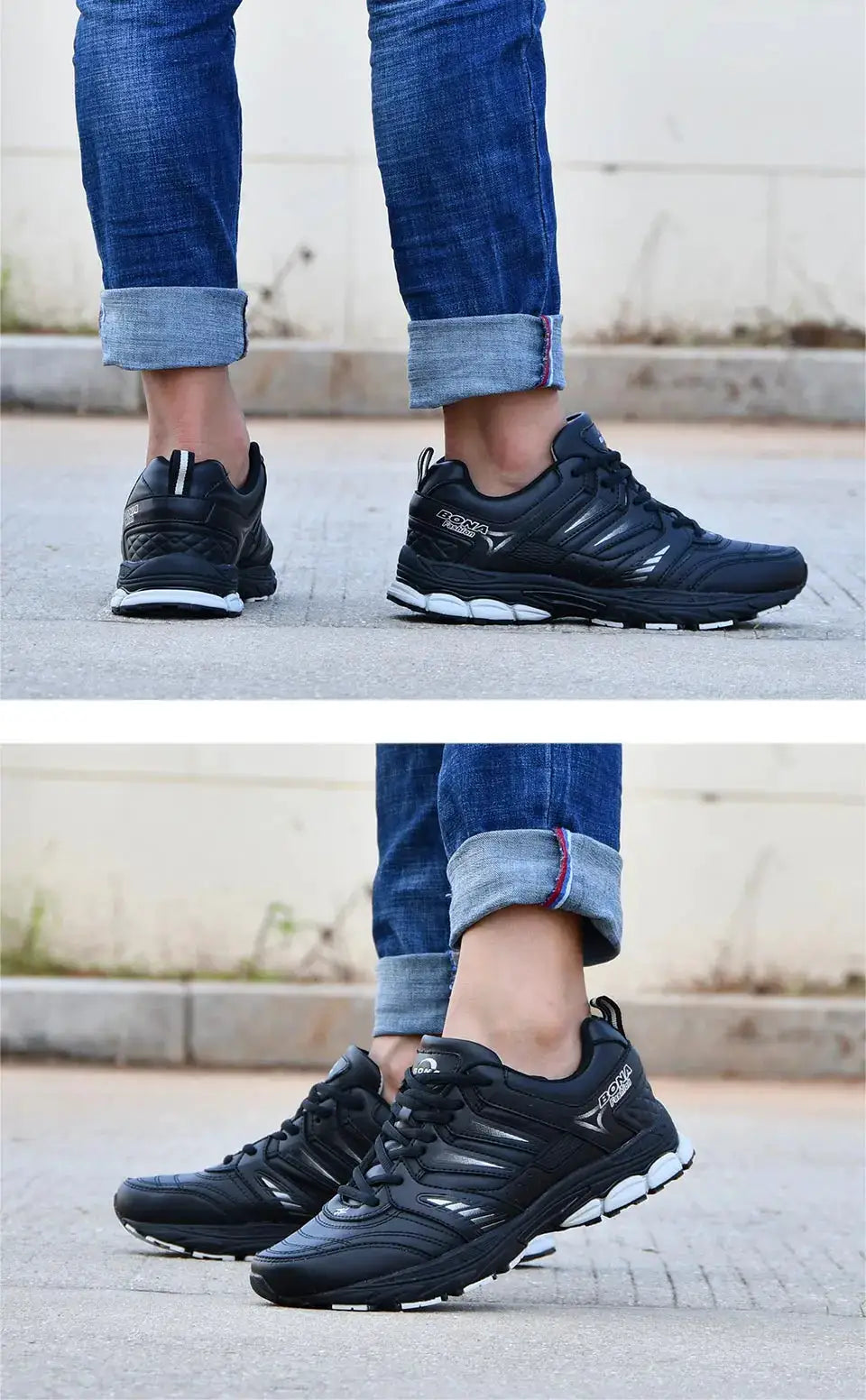 BONA men's running shoes by Simples Market, pair of black breathable outdoor sneakers with cushioned sole.