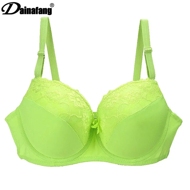 Lace bra neon lime green with floral embroidery, padded cups and adjustable straps; Dainafang logo