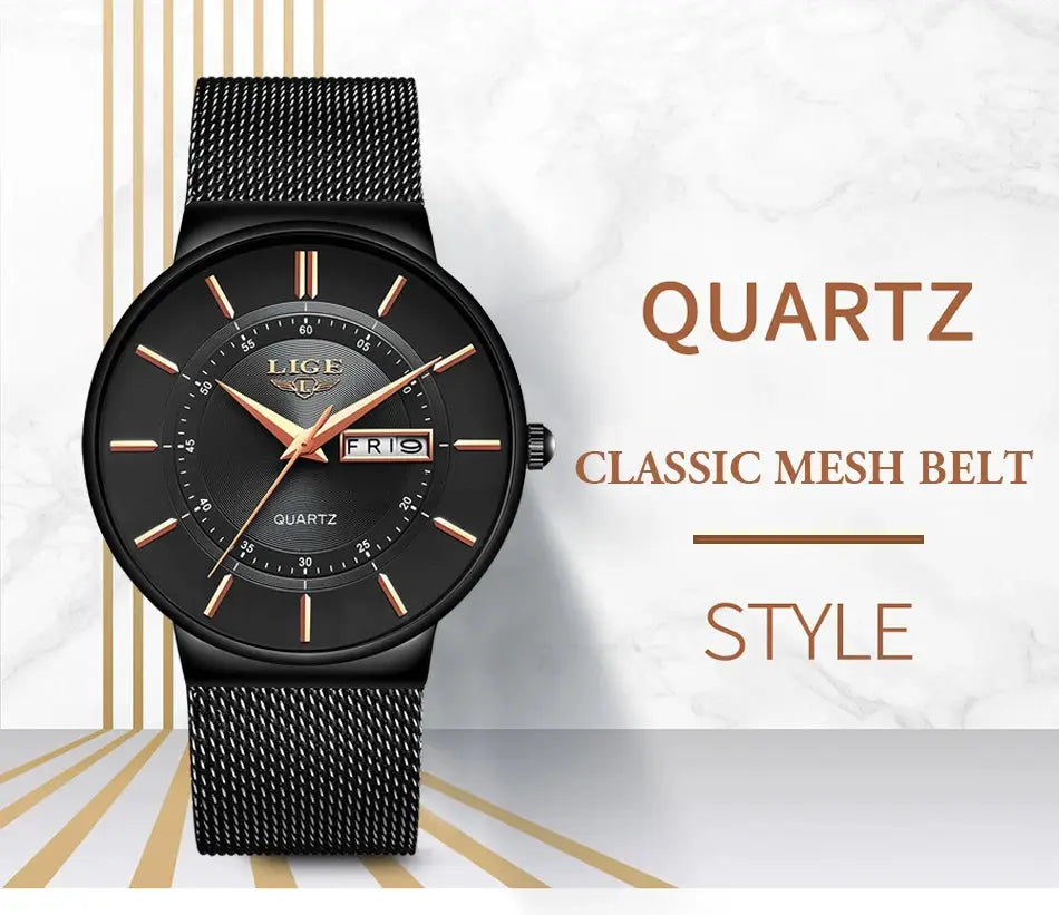 LIGE quartz men's watch with black dial, gold hands, and black stainless mesh strap; day/date window