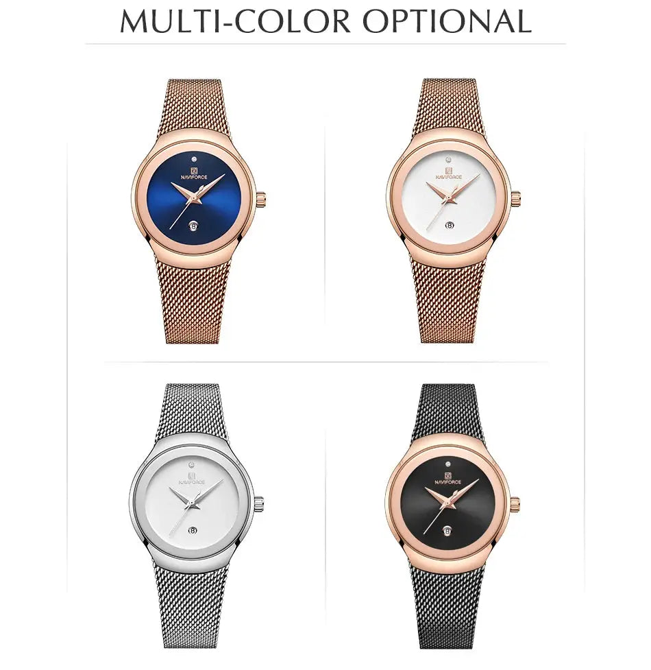 NAVIFORCE women's fashion dress quartz watches with metal mesh bands; four dial colors: blue, white, silver, black