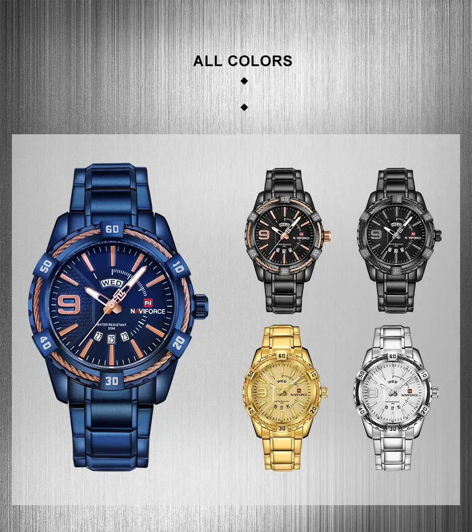 Naviforce men's wristwatches collection in blue, black, gold, and silver stainless steel bands (5 watches)