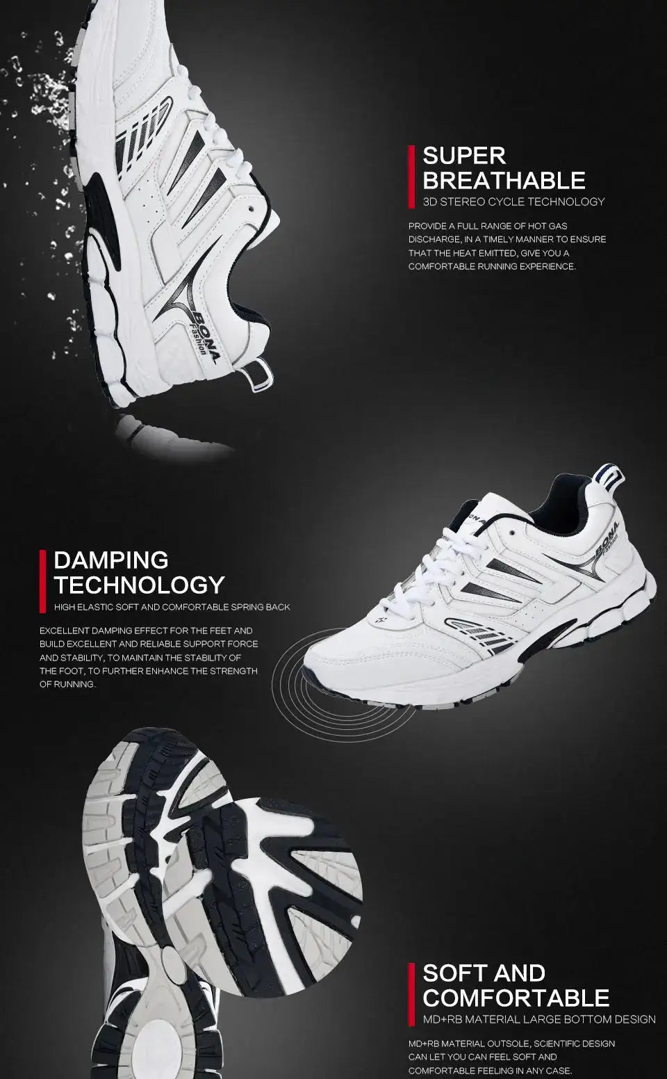 Two white Simples Market BONA men's running shoes, breathable, comfortable outdoor sneakers