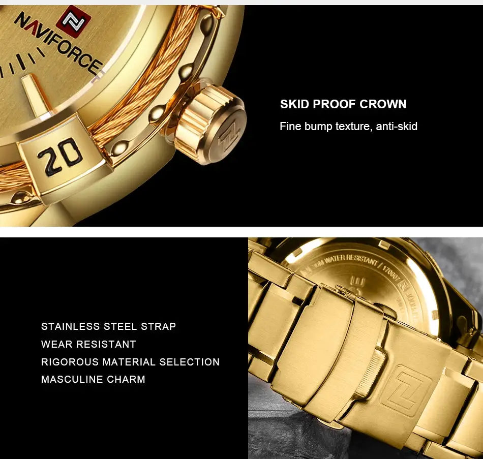 NAVIFORCE luxury men's gold-tone wristwatch with stainless steel band and skid-proof crown