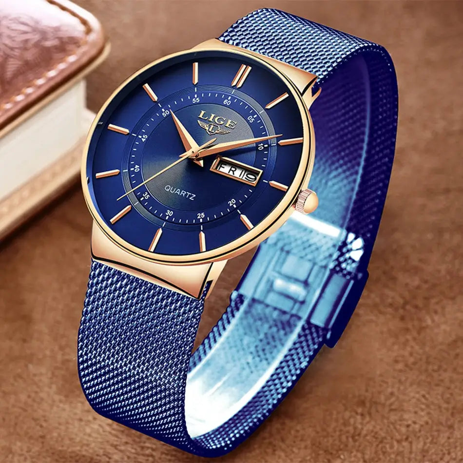 LIGE men's wristwatch with blue dial, gold-tone case, blue mesh strap, date window