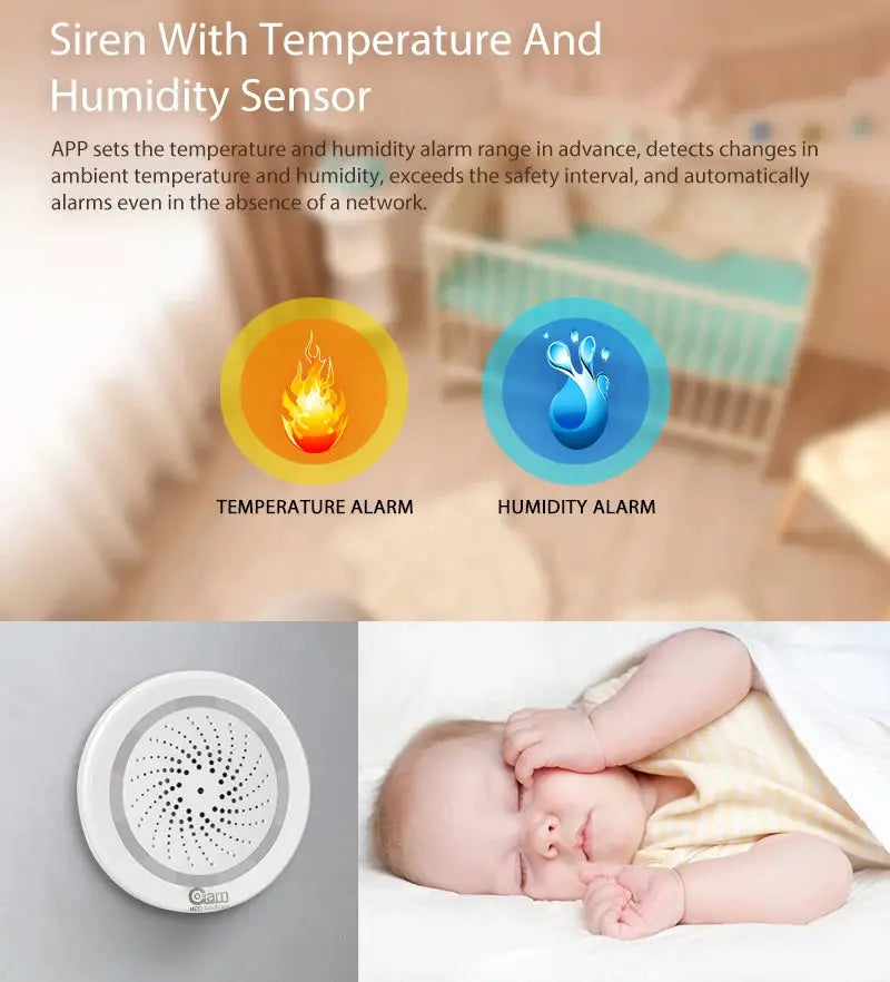 Smart Tuya Wifi Siren Alarm by Simples Market; white siren with temperature/humidity sensor, 2 items visible.
