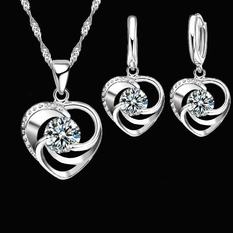 925 Sterling Silver Necklace And Earrings Set With Love Heart Shaped Zircon Pendant Long Chain For Women Romantic Style