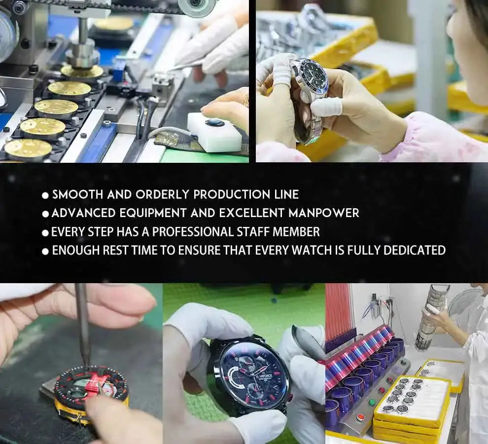 NAVIFORCE men's wristwatch on stainless steel band with black dial; factory production-line collage showing multiple watches