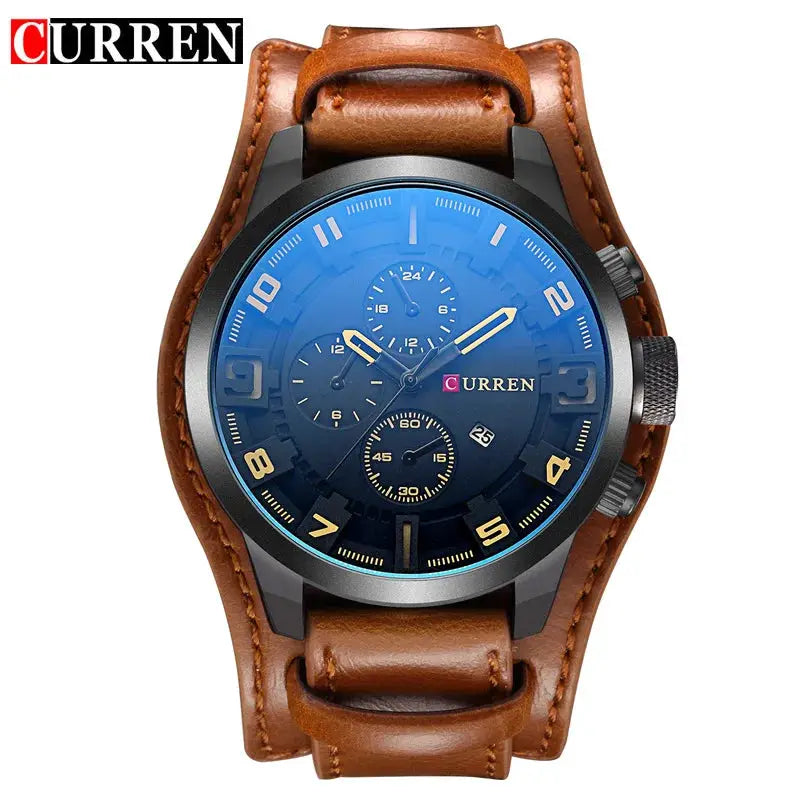 Curren men's quartz watch with blue dial and brown leather strap, date window