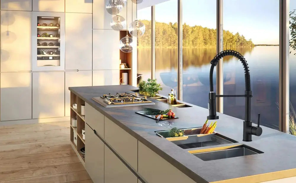 Rozin matte black deck-mounted kitchen faucet with pull-down spray, 360° rotation over a double sink