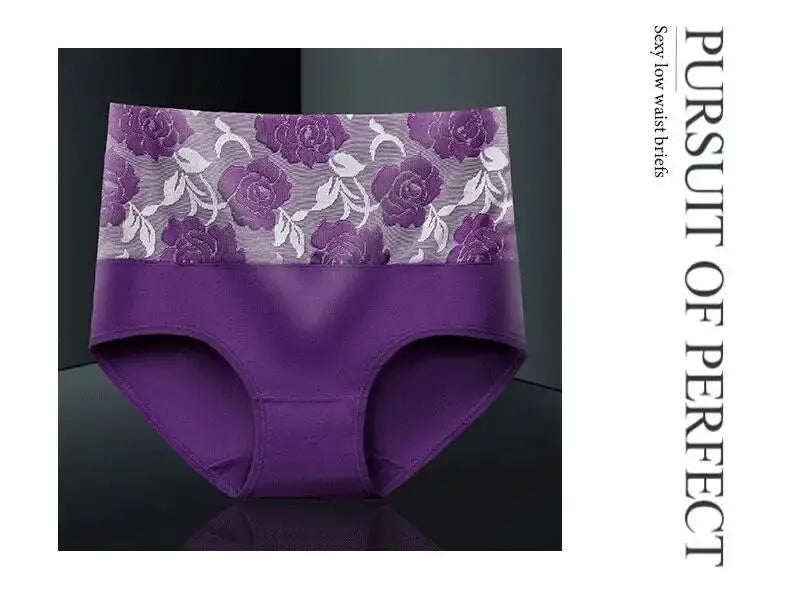 Purple high-waist cotton panties with floral lace waistband by Pursuit of Perfect