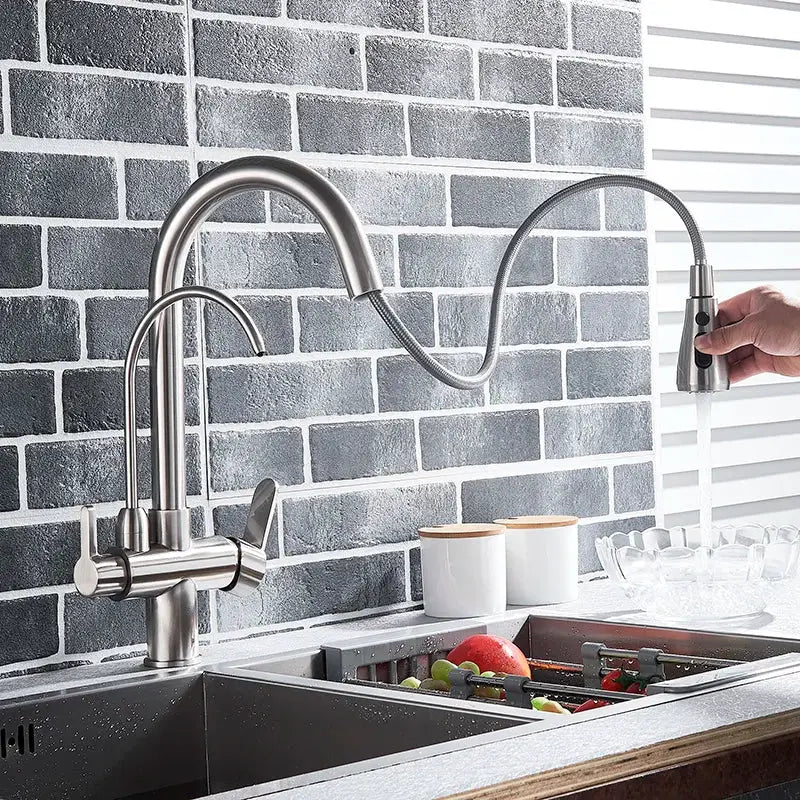 Matte Black Pure Water Kitchen Faucet by Simples Market with dual handles and pull-out spray for hot and cold water