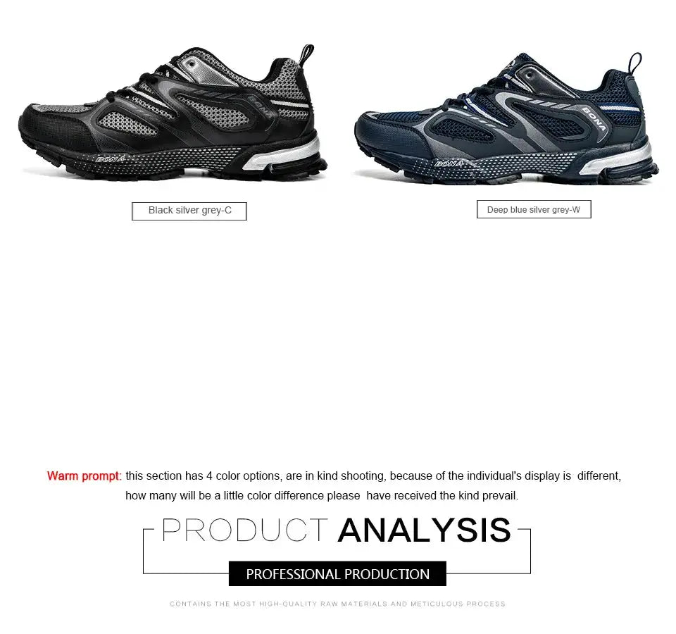 BONA men’s running shoes by Simples Market, two color options: Black Silver Grey-C and Deep Blue Silver Grey-W.