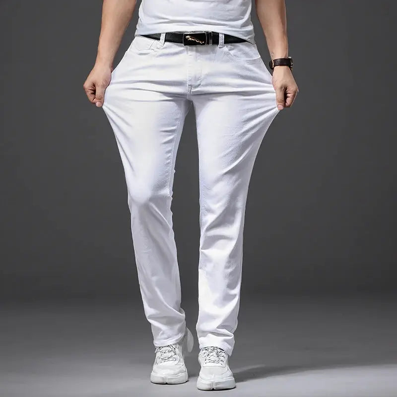 Men white jeans by Simples Market, casual slim-fit soft stretch trousers