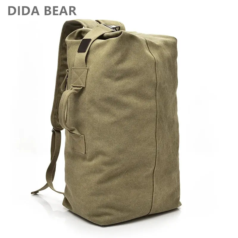 Man travel backpack, olive khaki canvas, bucket-style mountaineering bag with large capacity by Simples Market