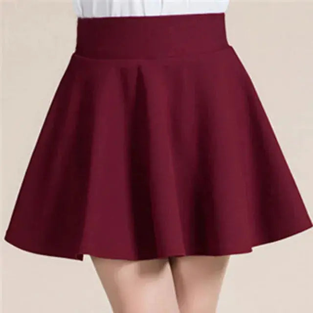 Women's burgundy elastic-waist mini skirt with a flared A-line silhouette