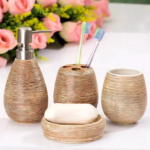 Simples Market 4-piece bathroom ceramic ribbed set with dispenser, toothbrush holder, rinse cup, and beige soap dish.