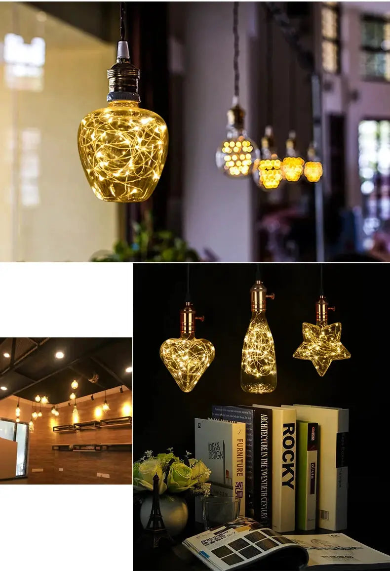 Simples Market 3D night light bulbs set with glass LED string inside heart, teardrop and star shapes, warm amber glow