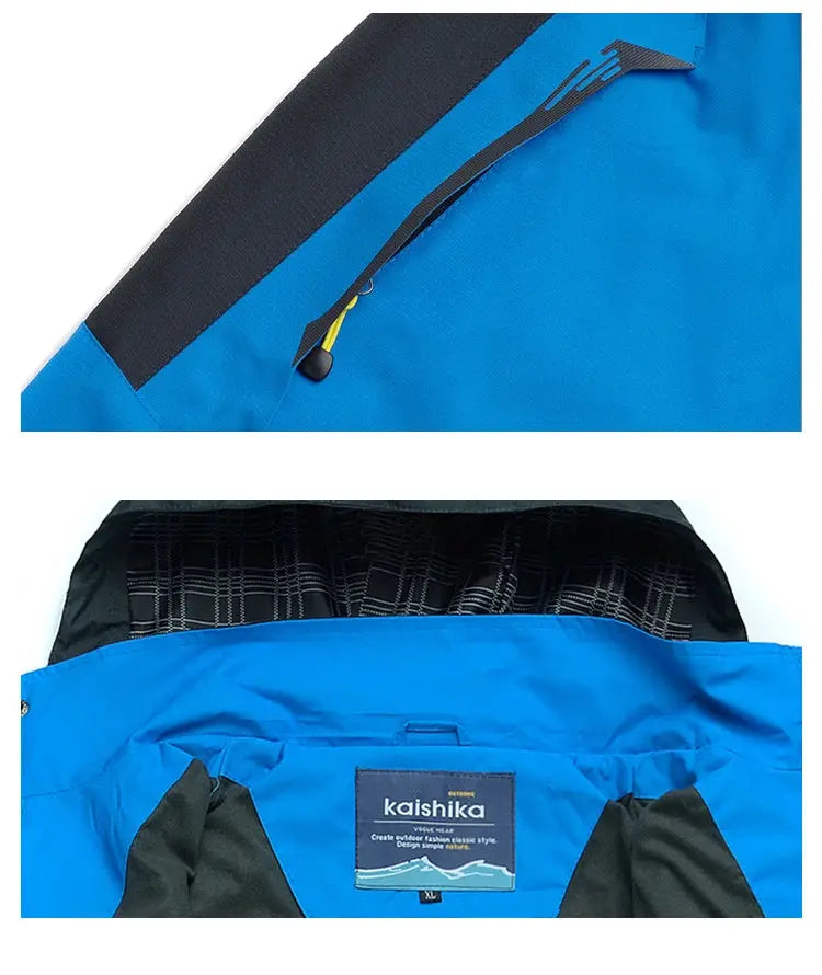 Blue men's windbreaker jacket with zip pocket; Kaishika label, waterproof outdoor coat