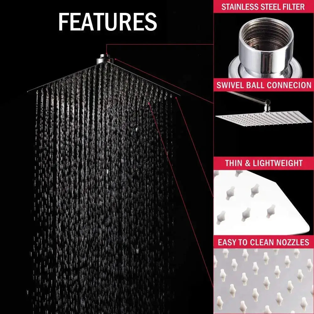 Simples Market stainless steel rainfall shower head set (8–12 in) with black, silver, gold finish