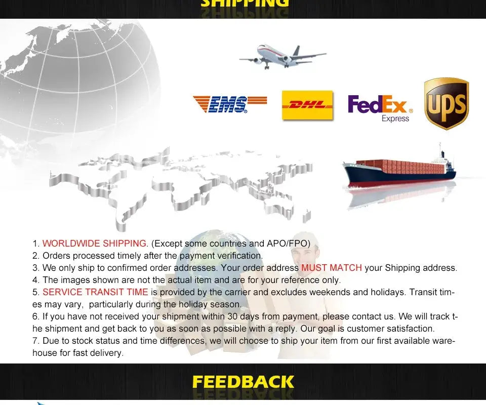 Shipping policy banner with world map, airplane, cargo ship and EMS, DHL, FedEx, UPS logos