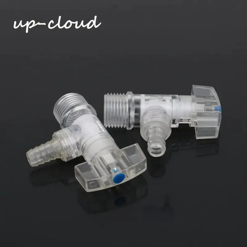 Transparent plastic faucet connectors, 2 pcs, 1/2-inch male-thread for garden irrigation.