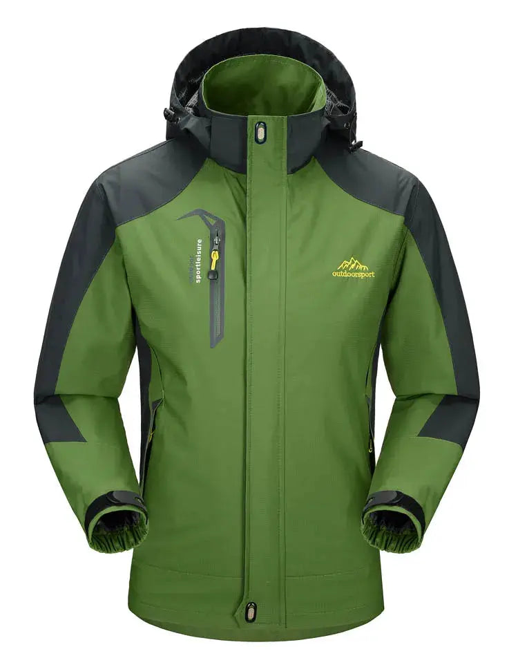 TRVLWEGO men's green and black waterproof hiking jacket with hood and outdoorsport logo