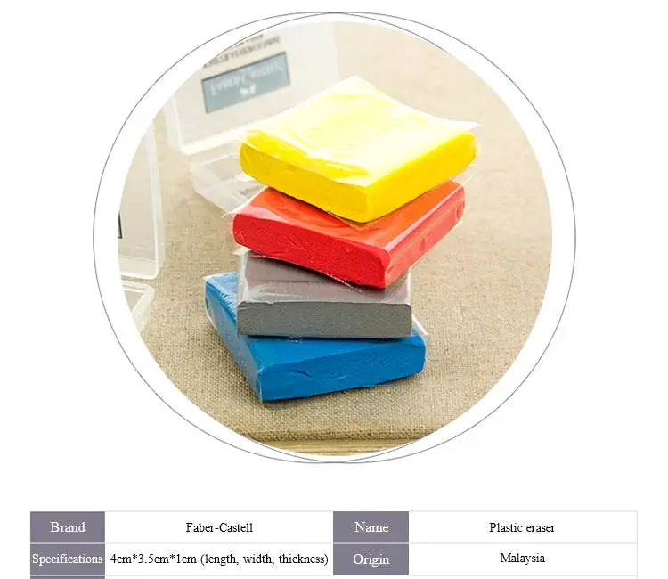 Faber-Castell kneaded eraser set of four in yellow, red, gray and blue, stacked