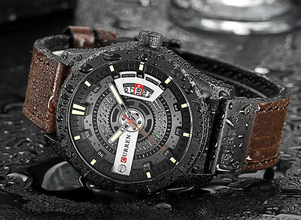 CURREN men's luxury military-style sport watch with black dial and brown leather strap