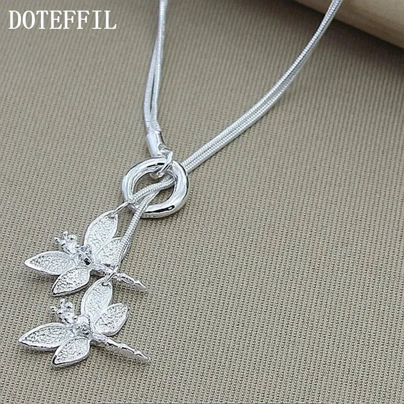 DOTEFFIL 925 Sterling Silver Two Dragonfly Pendant Necklace For Women Snake Chain Wedding Engagement Jewelry