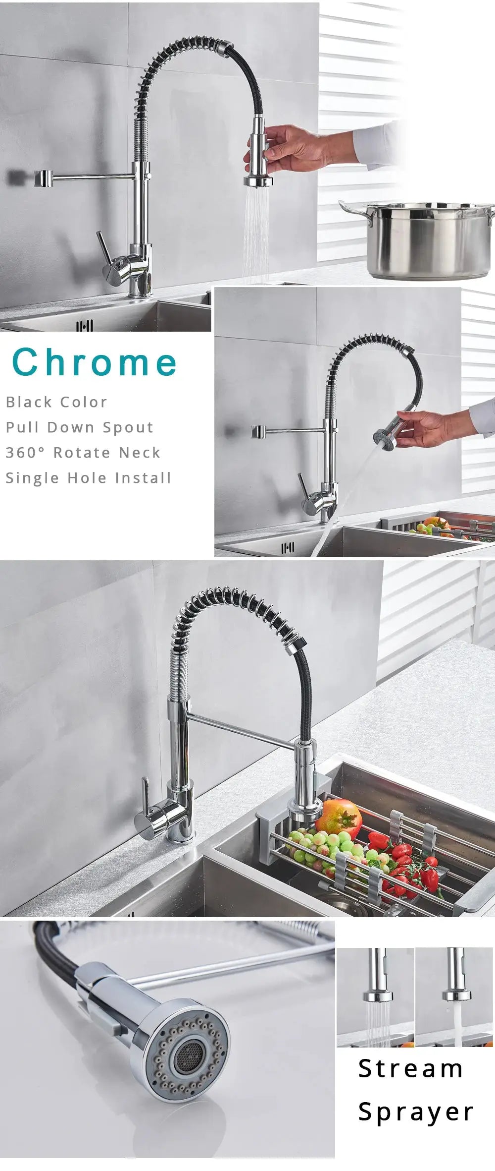 Rozin brushed nickel deck-mounted kitchen faucet with pull-down spray, 360° rotation by Simples Market
