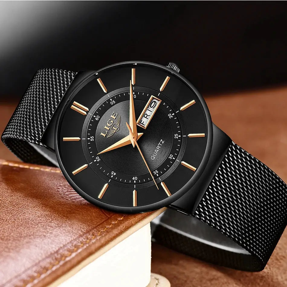 LIGE men's black dial quartz watch with gold-tone hands and markers, stainless steel mesh strap, day-date display