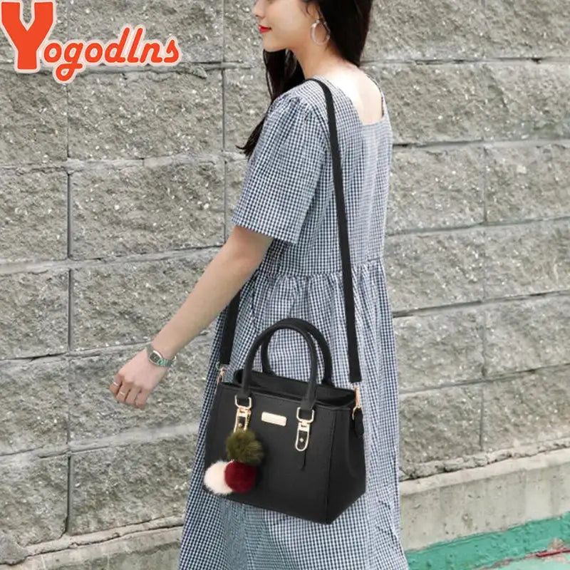 Yogodlns Beading Pendant Handbag Soft PU Leather Embossed Detailing Hairball Pendants Casual Tote With Compartments