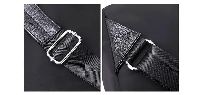 Women nylon backpack by Simples Market; close-up of black strap with silver buckle and corner metal ring
