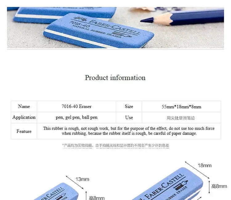 Faber-Castell blue natural rubber erasers; two pieces shown