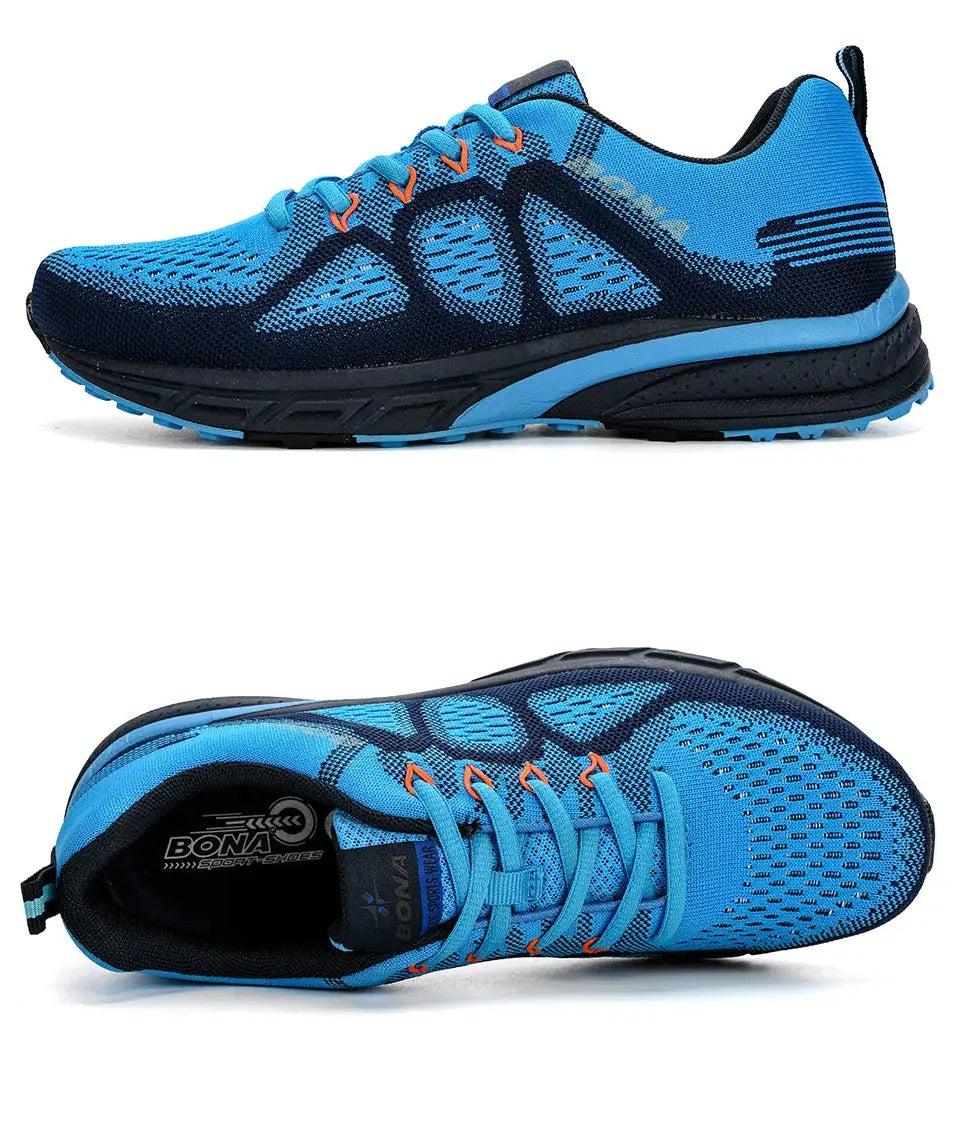 BONA blue mesh sneakers for men, lightweight running shoes with orange laces