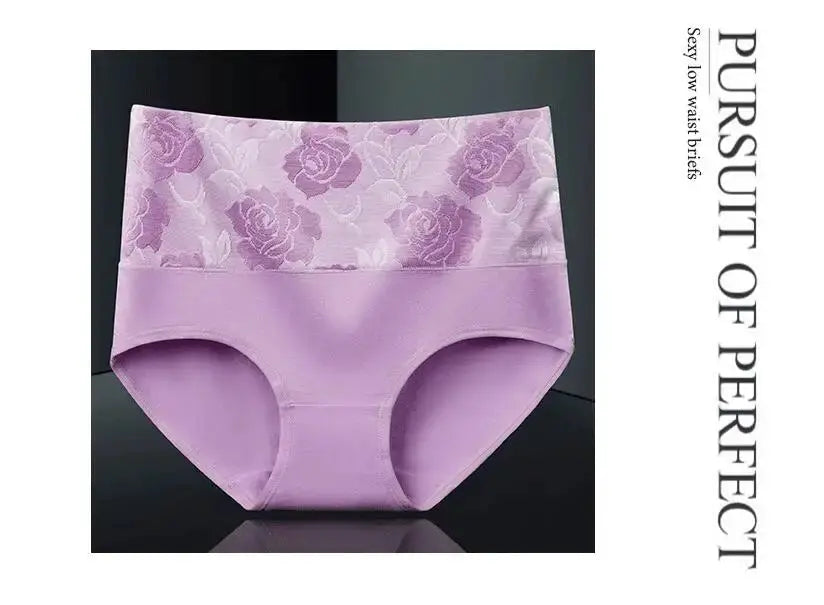 Women's purple cotton high-waist panties with floral lace waistband