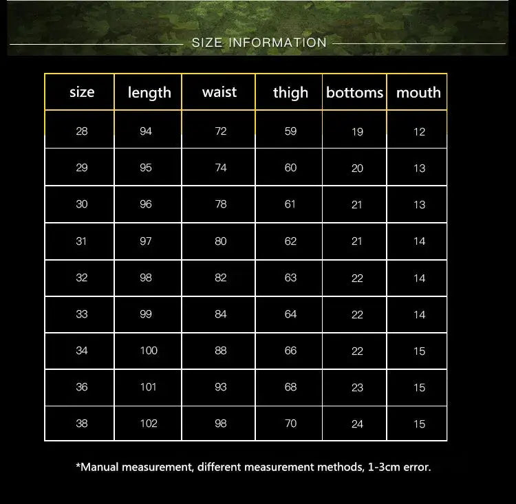 Khaki casual pants size chart by Simples Market; lists length, waist, thigh, bottoms, mouth by size 28–38