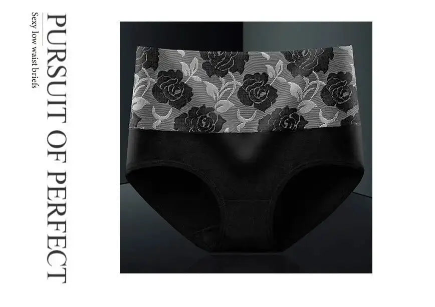 Simples Market black cotton panties with a wide floral lace waistband; plus-size high-waist briefs