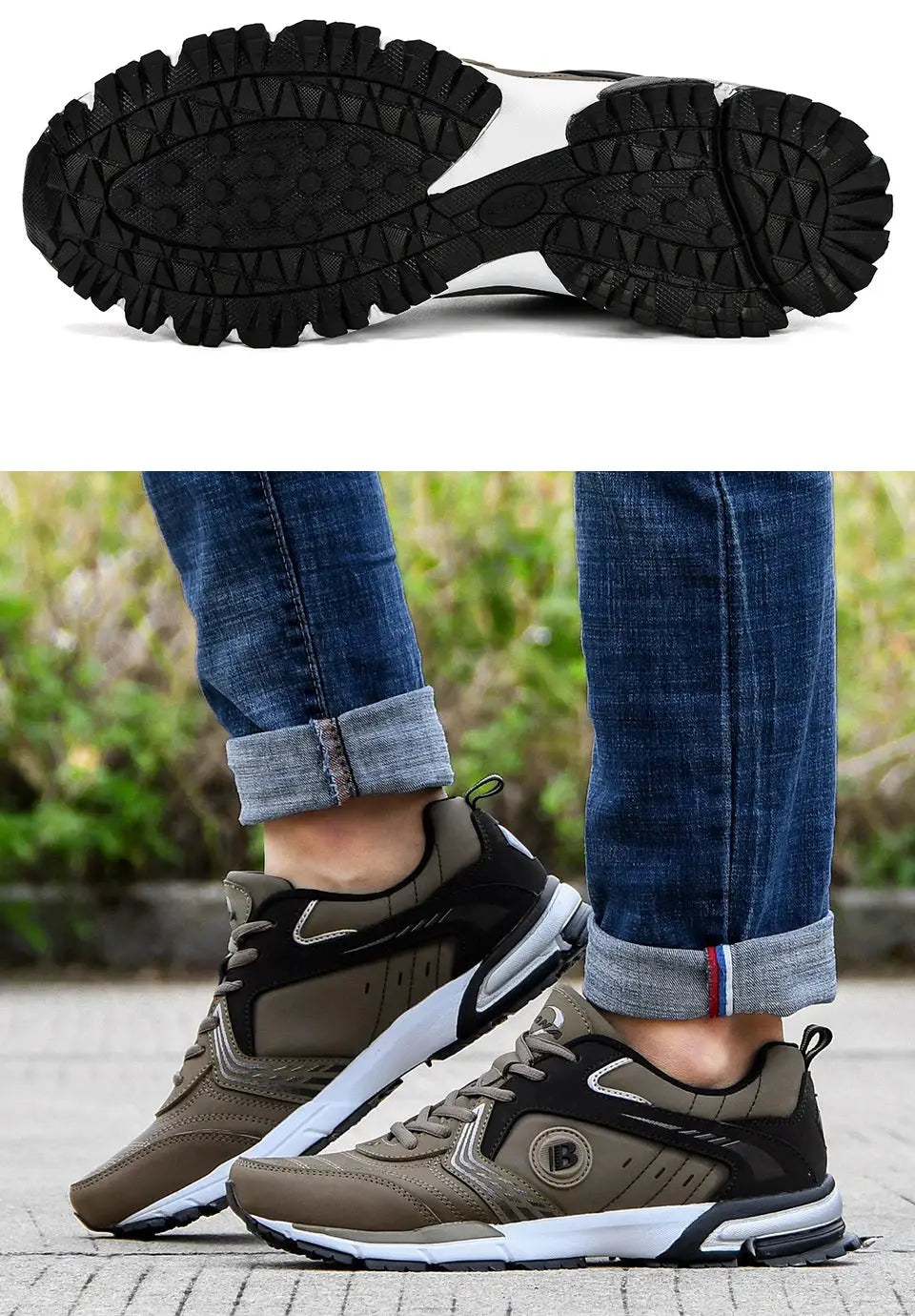 BONA men's running shoes, olive-brown with black overlays and white sole, lace-up sporty sneakers