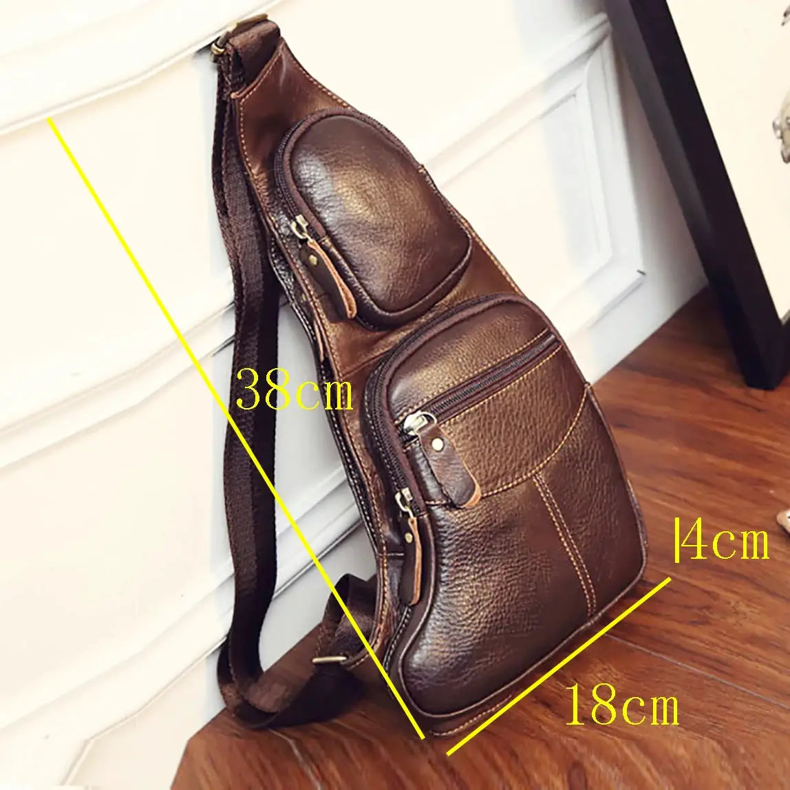 Men crossbody sling backpack Simples Market brown genuine leather with 38cm diagonal and zip pockets