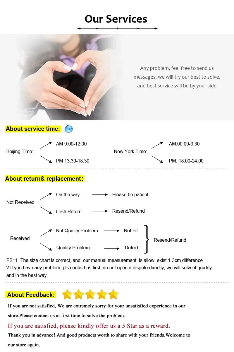 Our Services page showing a heart-hands image with service times, returns, and feedback.